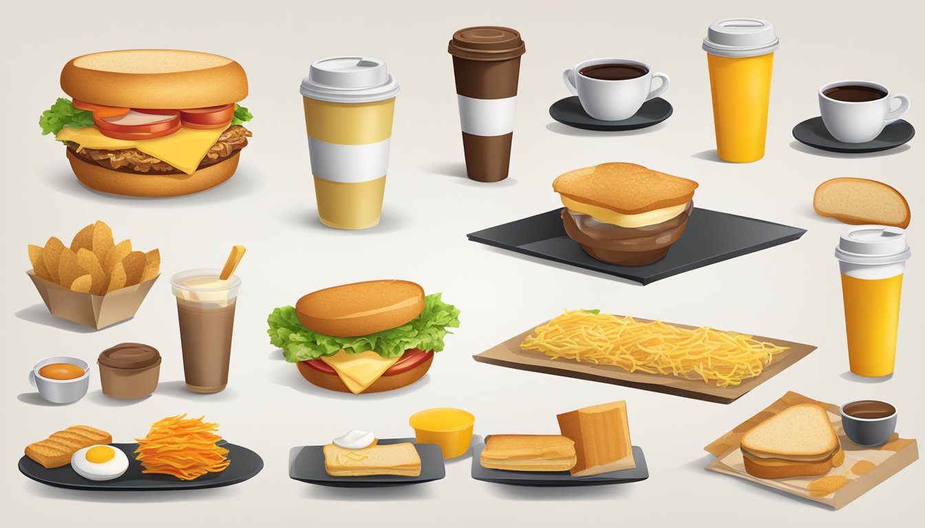 A table with various breakfast items (sandwich, hash browns, coffee) in different packaging options (plastic, paper, reusable)