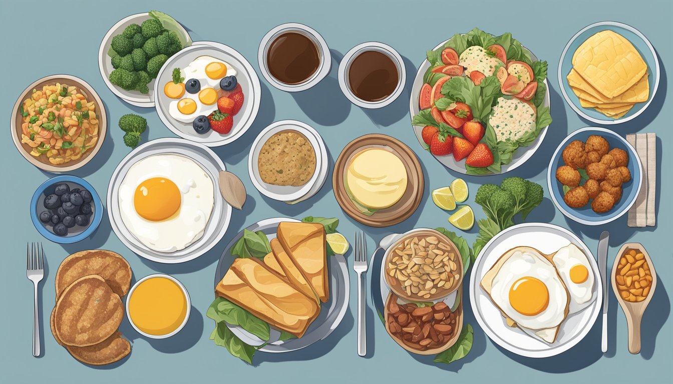 A breakfast and lunch spread side by side, showcasing a variety of foods with special dietary considerations, such as gluten-free, dairy-free, and vegetarian options