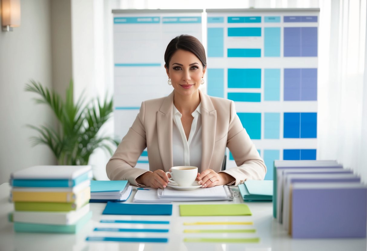 A calm, organized event planner sits at a tidy desk, surrounded by color-coded schedules, serene ambiance, and a soothing cup of tea