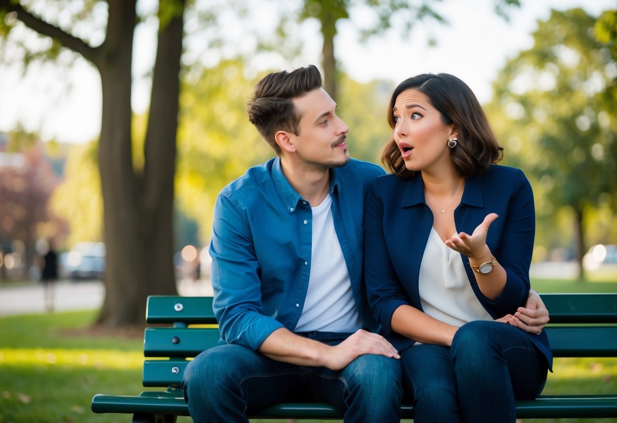 A couple sitting on a park bench, one person leaning in with a hesitant expression while the other person looks surprised