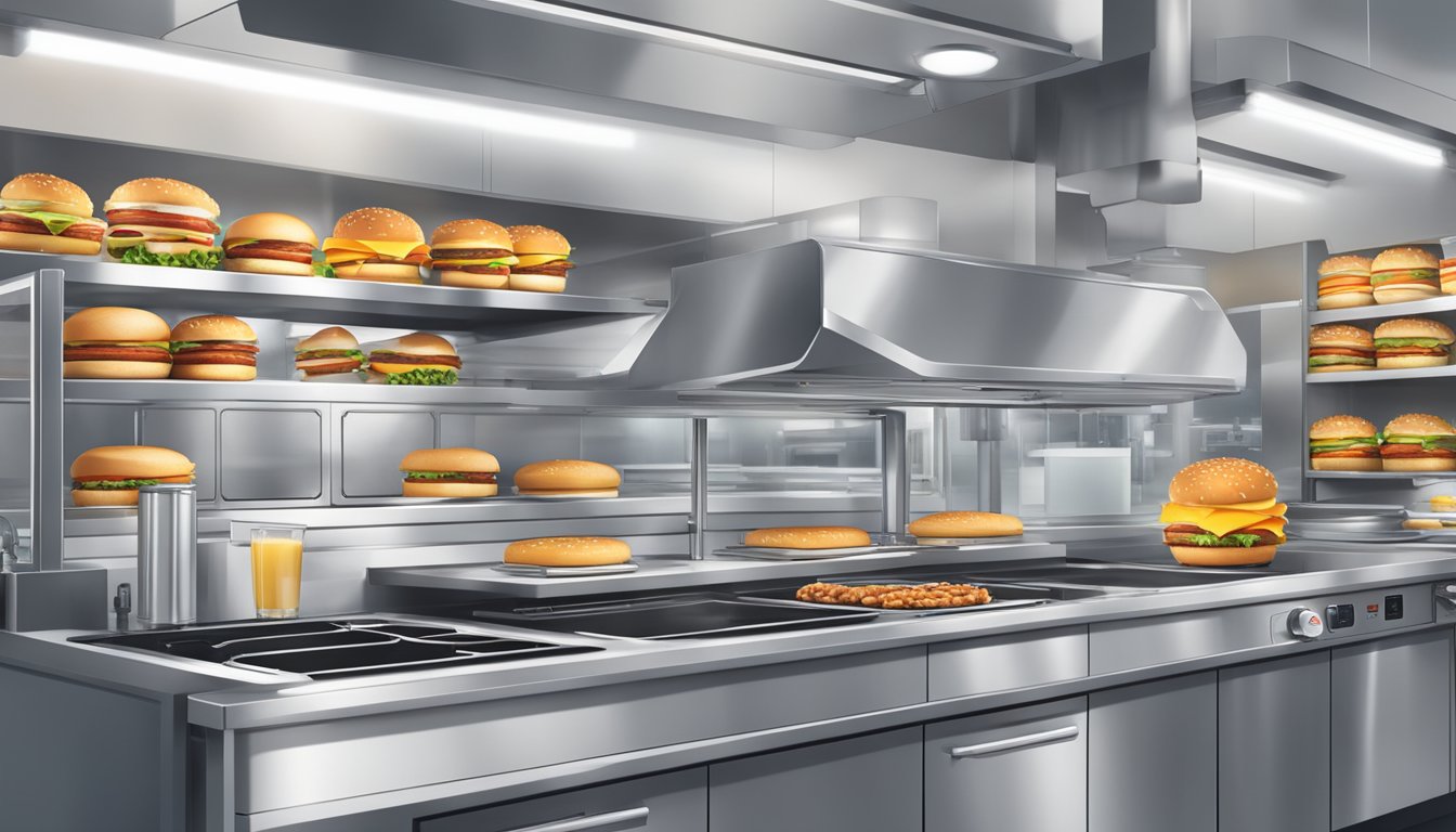 A modern kitchen with automated cooking equipment and digital order display, enhancing efficiency and accuracy in Burger King's breakfast preparation