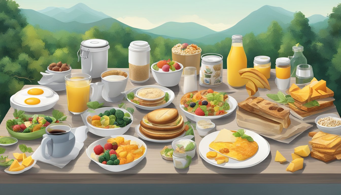 A table with various breakfast packaging designs, surrounded by nature and waste to symbolize the evolution and environmental impact of BK's packaging