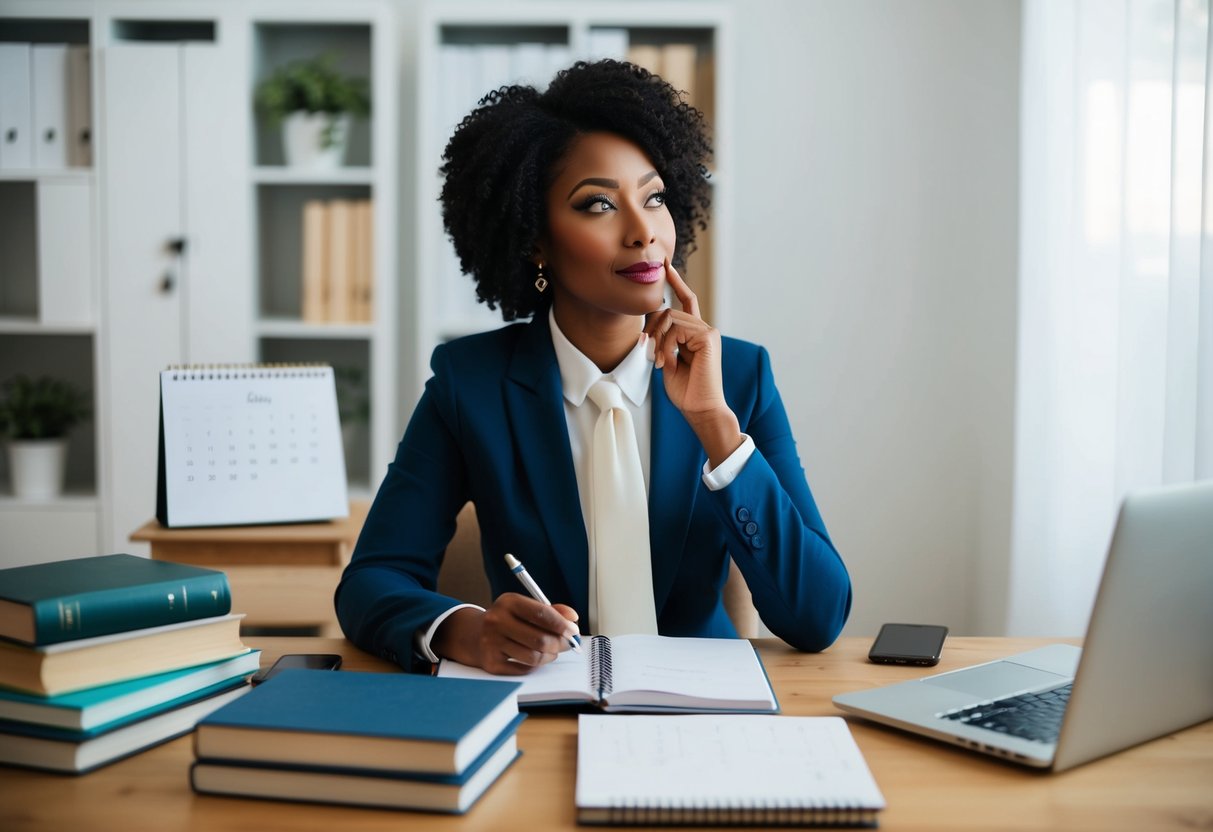 A wedding planner sitting at a desk, surrounded by books, a laptop, and a calendar. They are deep in thought, pen in hand, with a look of concentration on their face