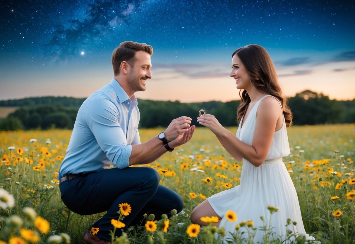 A man kneeling in a field of wildflowers, presenting a ring to a woman under a starry sky