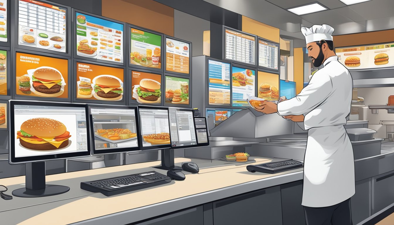 A chef uses advanced kitchen equipment to prepare breakfast items at a Burger King restaurant, while a manager analyzes data on a computer screen