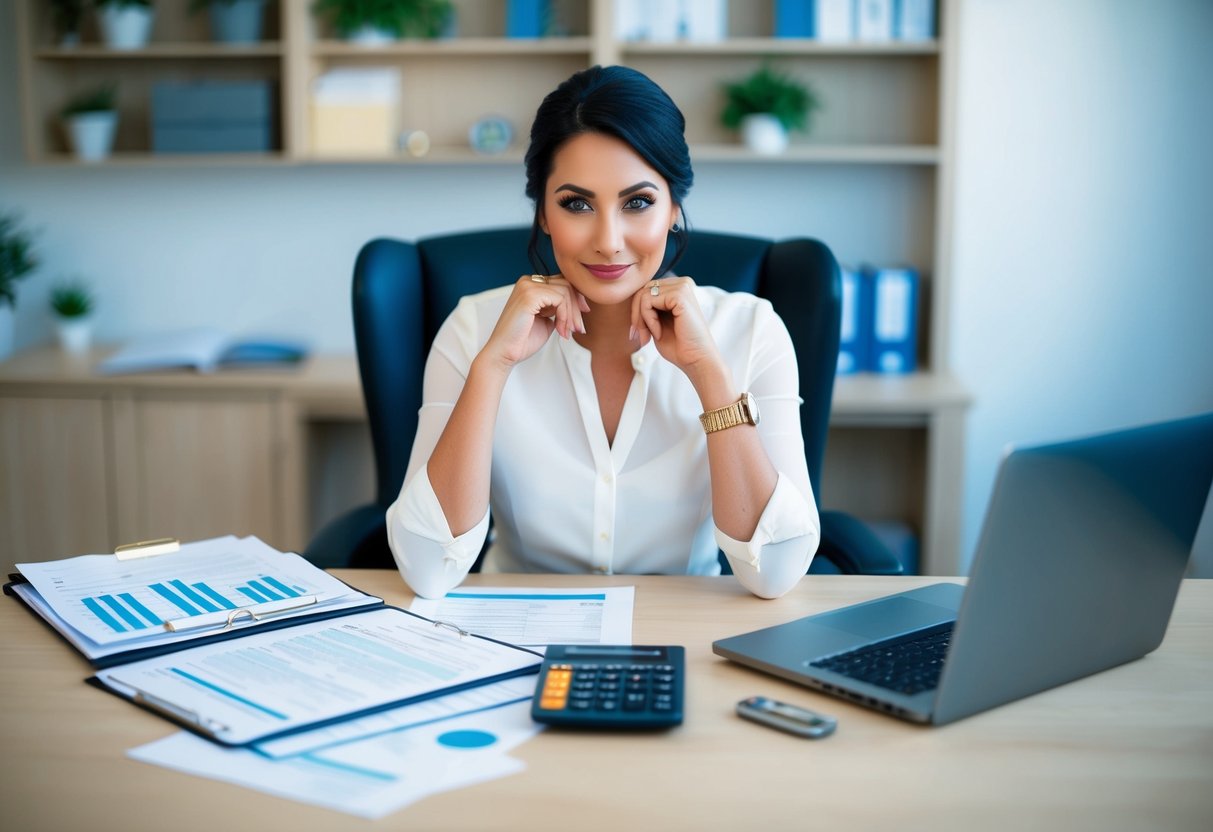 A wedding planner surrounded by financial documents, calculator, and laptop, with a thoughtful expression