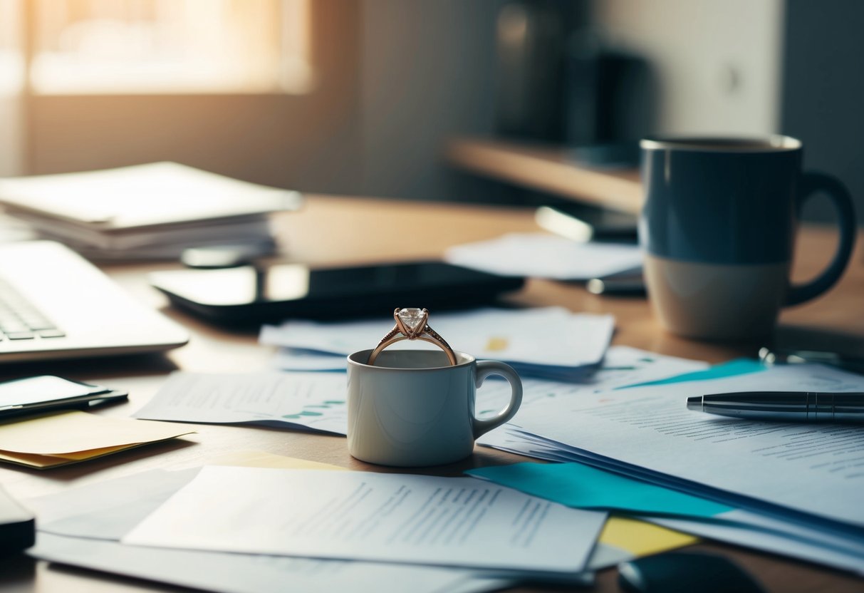 A wedding ring sits alone on a cluttered desk, surrounded by scattered papers and a half-empty coffee mug