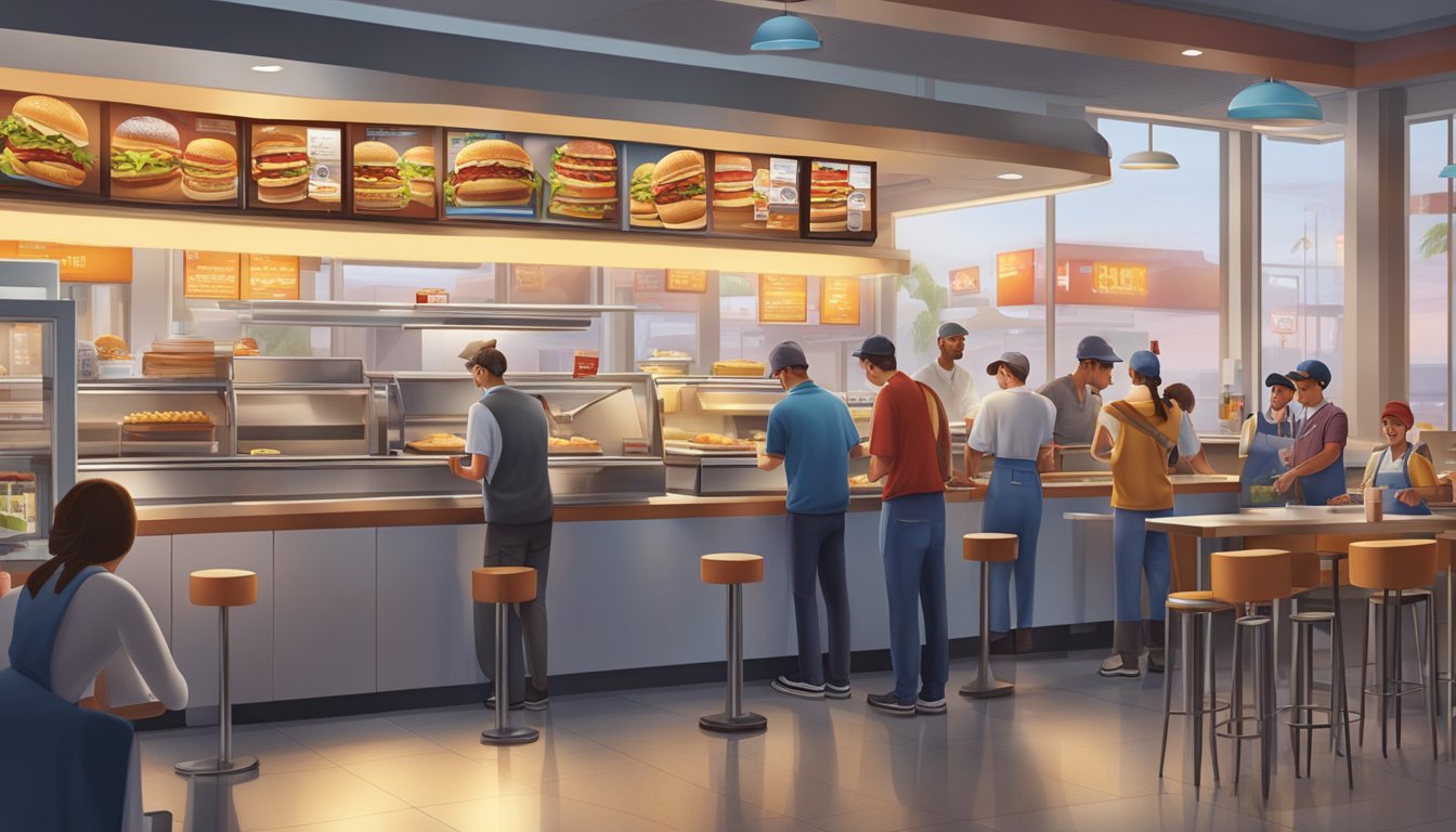 A bustling Burger King restaurant at dawn, with customers ordering from the breakfast menu and workers preparing food behind the counter