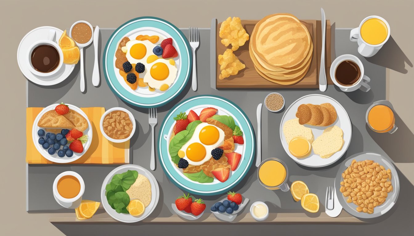 A table with a variety of breakfast items arranged neatly, with prices displayed prominently