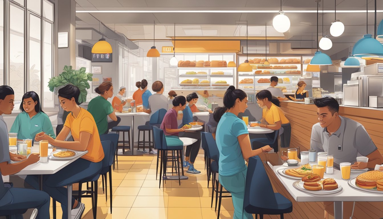 A bustling breakfast scene at BK with customers ordering and staff preparing food, while promotional materials showcase the economics of menu pricing