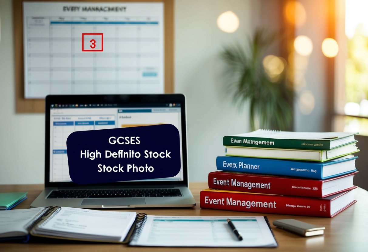 A desk with a laptop, planner, and various textbooks on event management. A calendar with dates circled and a list of requirements for GCSEs