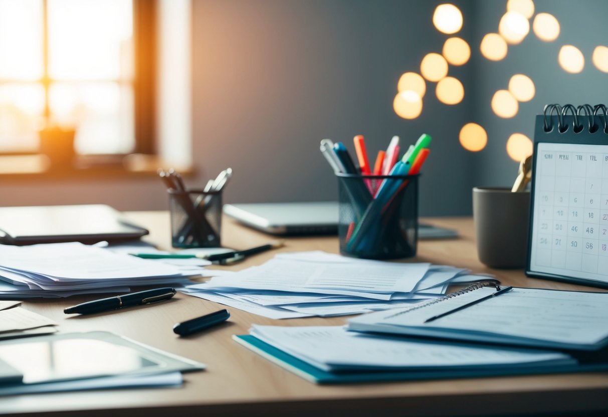 A cluttered desk with scattered papers, pens, and a disorganized calendar