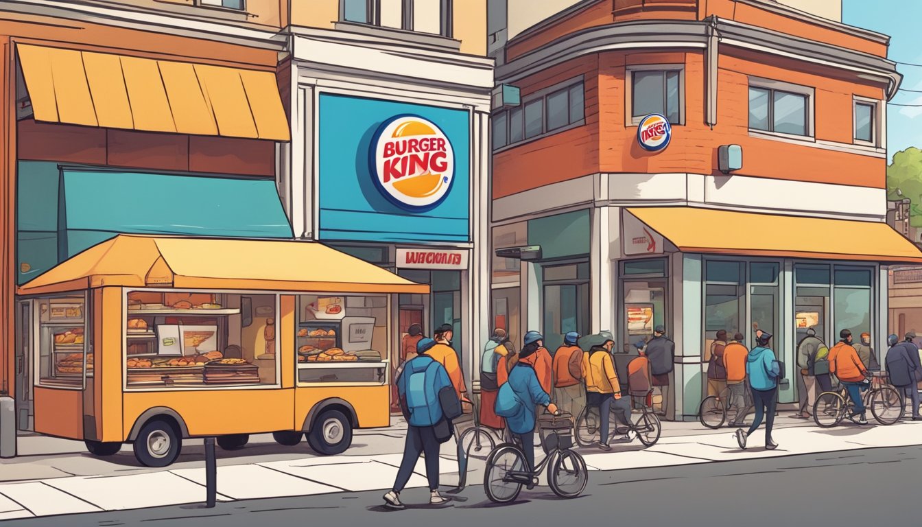 A bustling city street with a line of delivery drivers outside a Burger King, while customers inside examine a breakfast menu with fluctuating prices