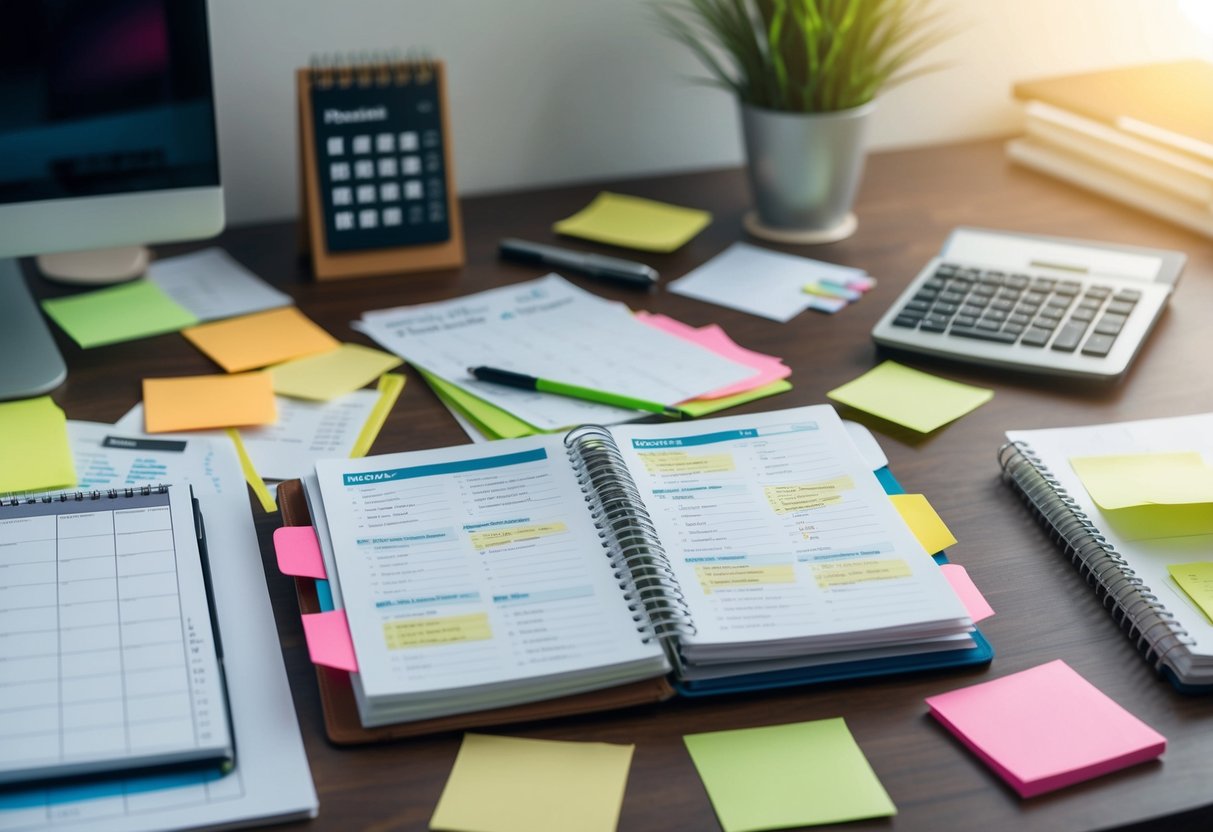 A cluttered desk with scattered papers, a calendar, and sticky notes. A planner sits open, filled with neatly written appointments and to-do lists