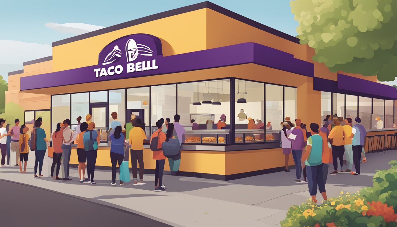 A bustling Taco Bell restaurant with a line of customers eagerly waiting to try the new breakfast menu items. Bright signage and a welcoming atmosphere convey the excitement of expansion and franchising