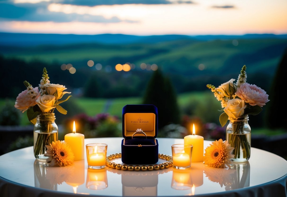 A romantic scene with a ring box on a table, surrounded by candles and flowers, set against a backdrop of a picturesque landscape