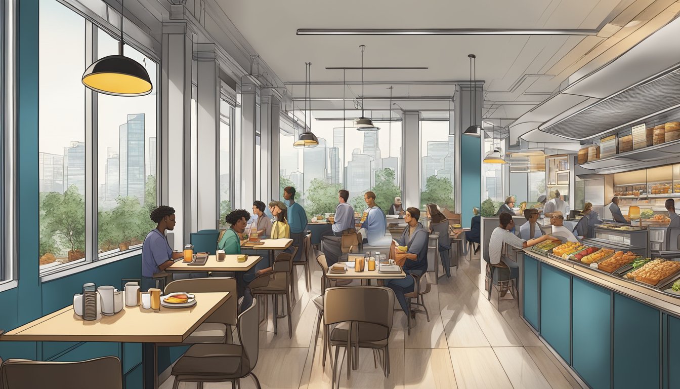 A bustling breakfast restaurant with a diverse menu, surrounded by office buildings and bustling city streets, hinting at potential growth and expansion opportunities