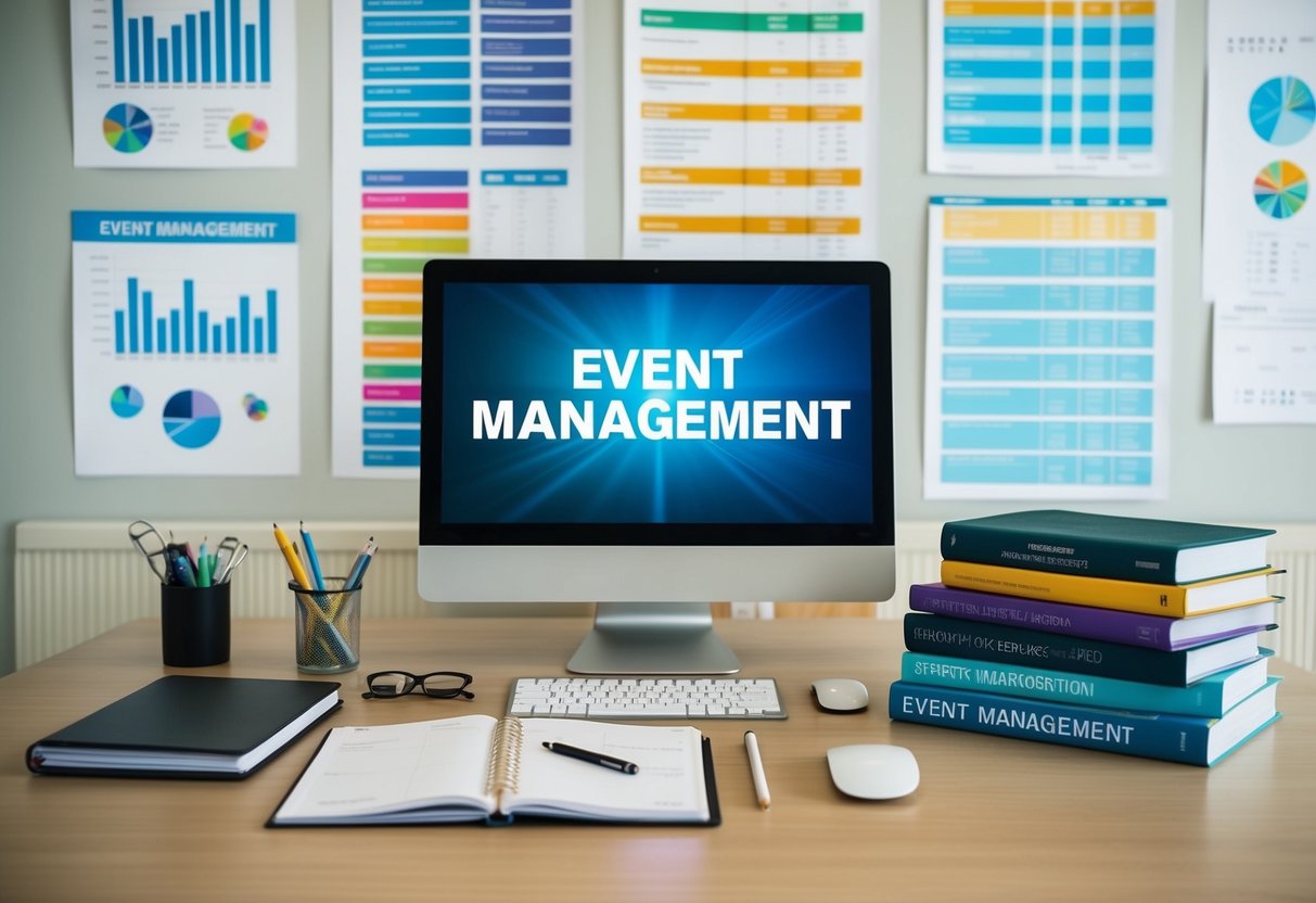 A desk with a laptop, planner, and various textbooks on event management. A wall covered in colorful charts and diagrams