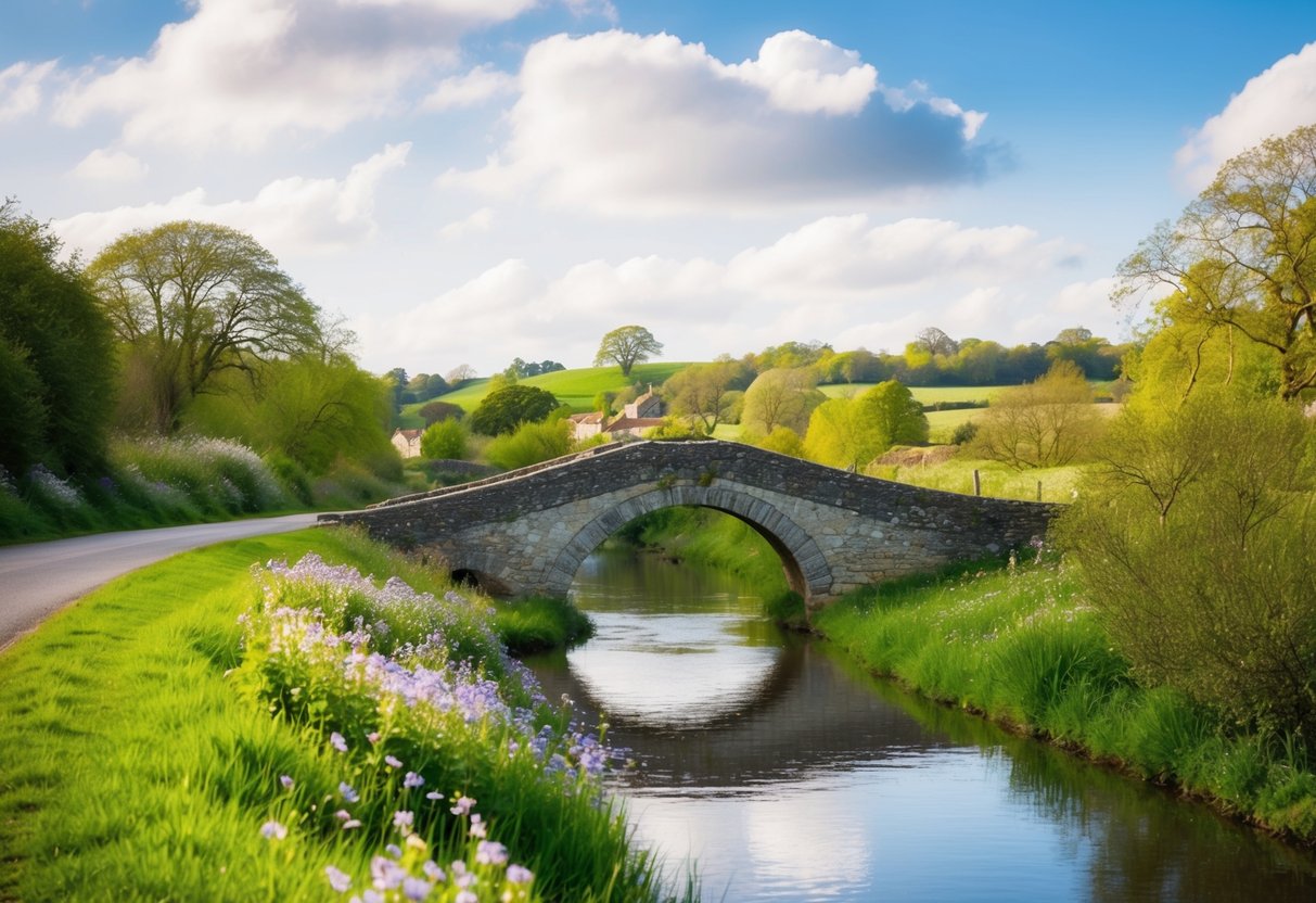 A scenic landscape of a picturesque countryside in the UK, with a charming old stone bridge crossing a tranquil river, surrounded by blooming wildflowers and lush greenery