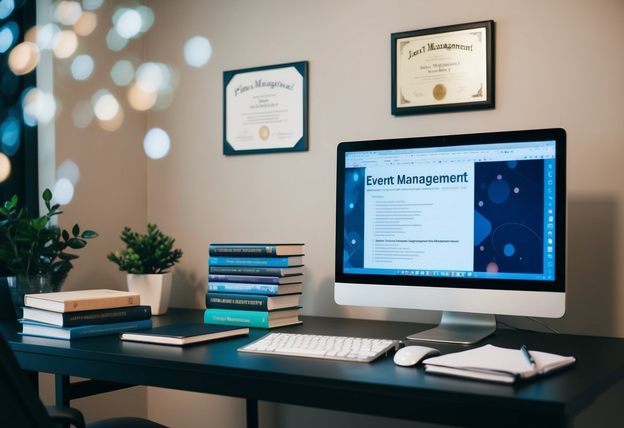 A desk with a computer, planner, and various textbooks on event management. A diploma and certificate hang on the wall