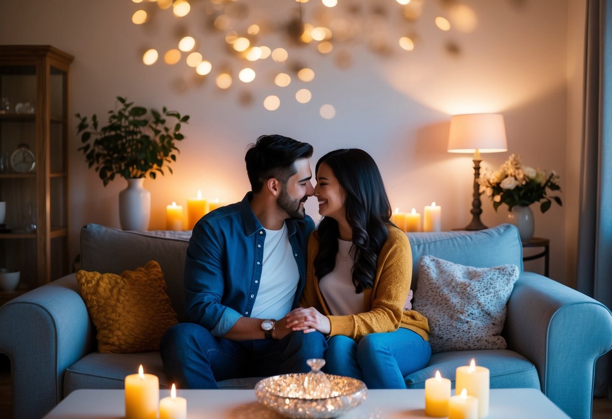 A cozy living room with a couple seated on a comfortable couch, surrounded by candles and a sparkling engagement ring on the table
