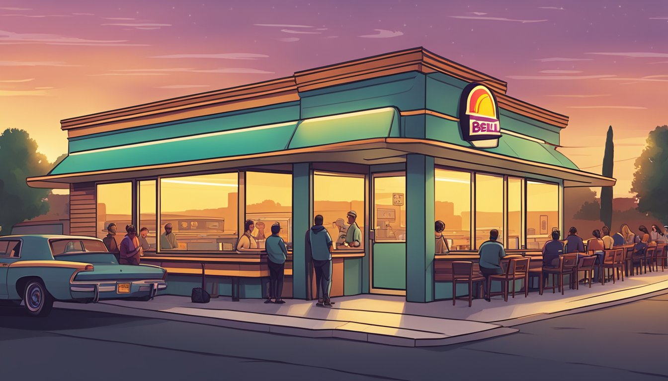 The sun rises behind a retro-style Taco Bell restaurant with a line of customers waiting to try the new breakfast menu