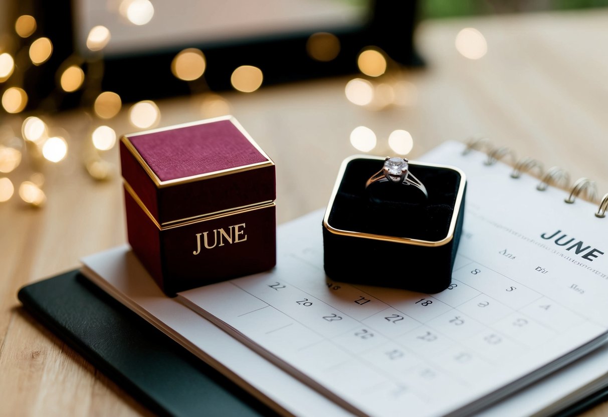 A romantic scene with a ring box and calendar, highlighting the month of June