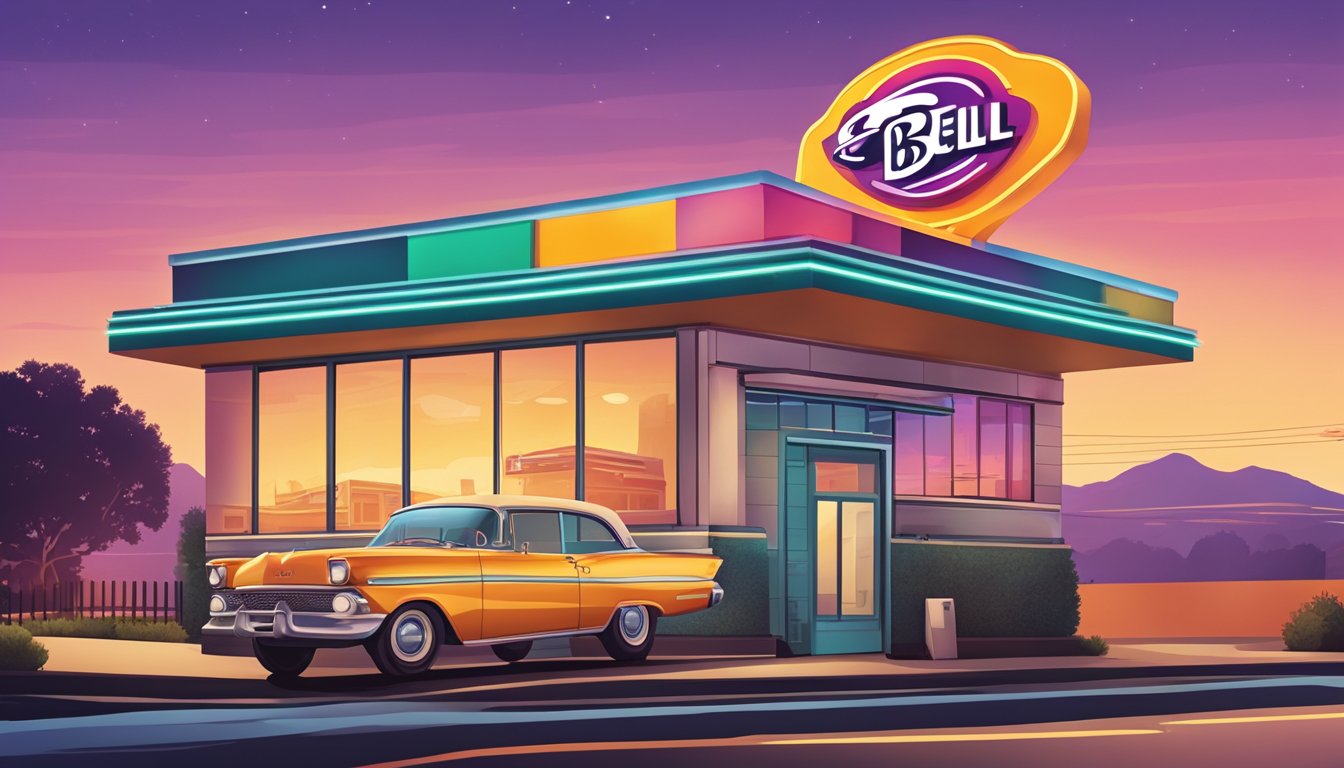 A colorful sunrise over a retro-style Taco Bell restaurant, with a vintage car in the drive-thru and the iconic bell logo prominently displayed