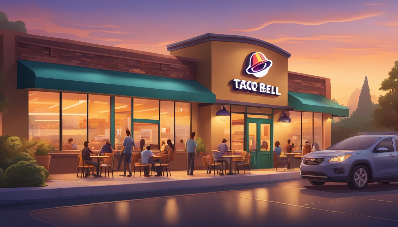 A bustling Taco Bell restaurant at dawn, with customers eagerly ordering from a vibrant breakfast menu. The aroma of sizzling sausage and warm tortillas fills the air