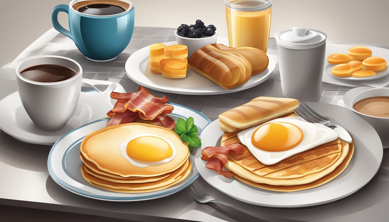 A table set with a variety of breakfast items, including pancakes, eggs, bacon, and coffee, with a modern and sleek presentation