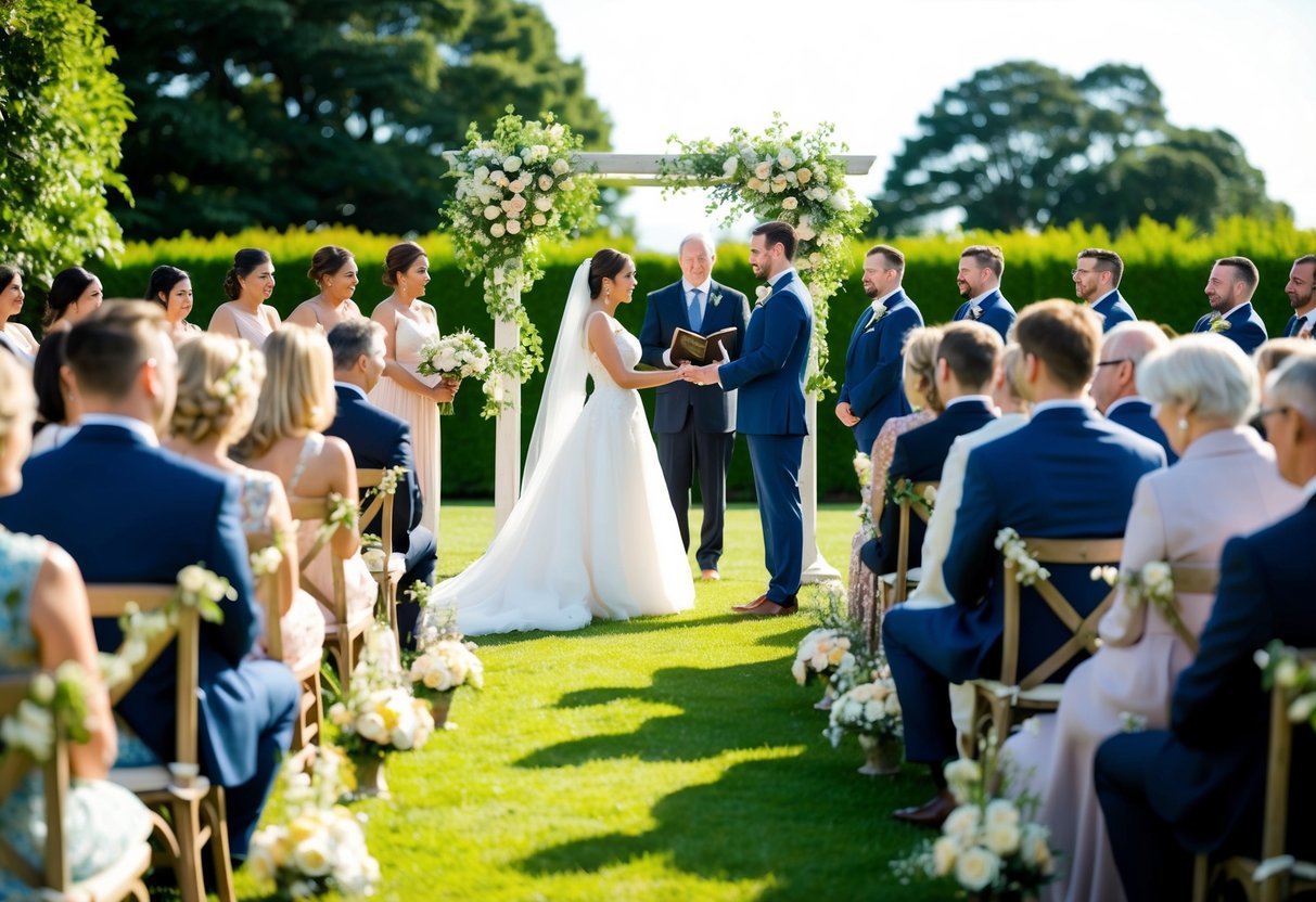 A sunny afternoon wedding ceremony in a picturesque garden, with guests seated and the couple standing at the altar exchanging vows