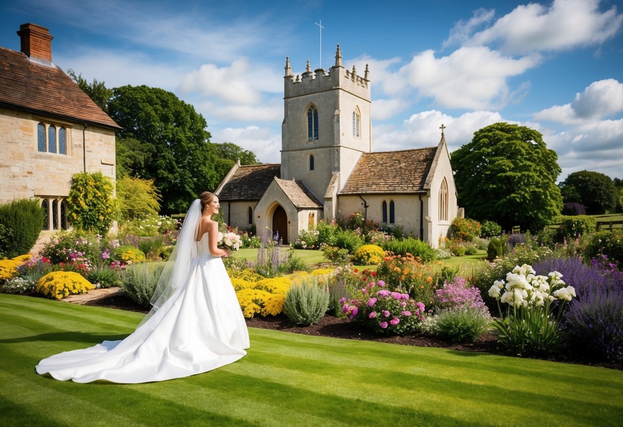 A sunny afternoon wedding in a picturesque English countryside setting, with a charming stone church and colorful flower-filled gardens