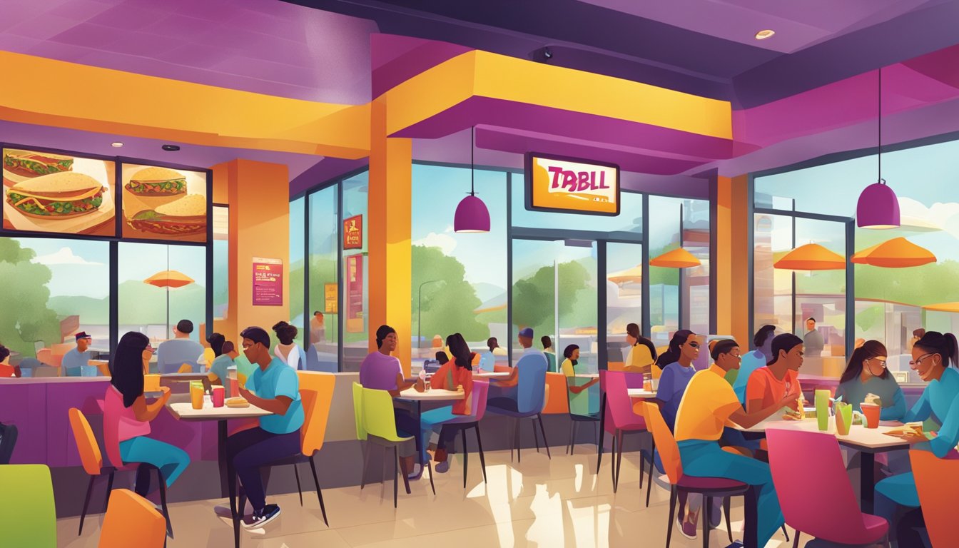 A bustling morning scene at a Taco Bell with customers enjoying breakfast items, while the vibrant colors and branding of the restaurant create a lively atmosphere