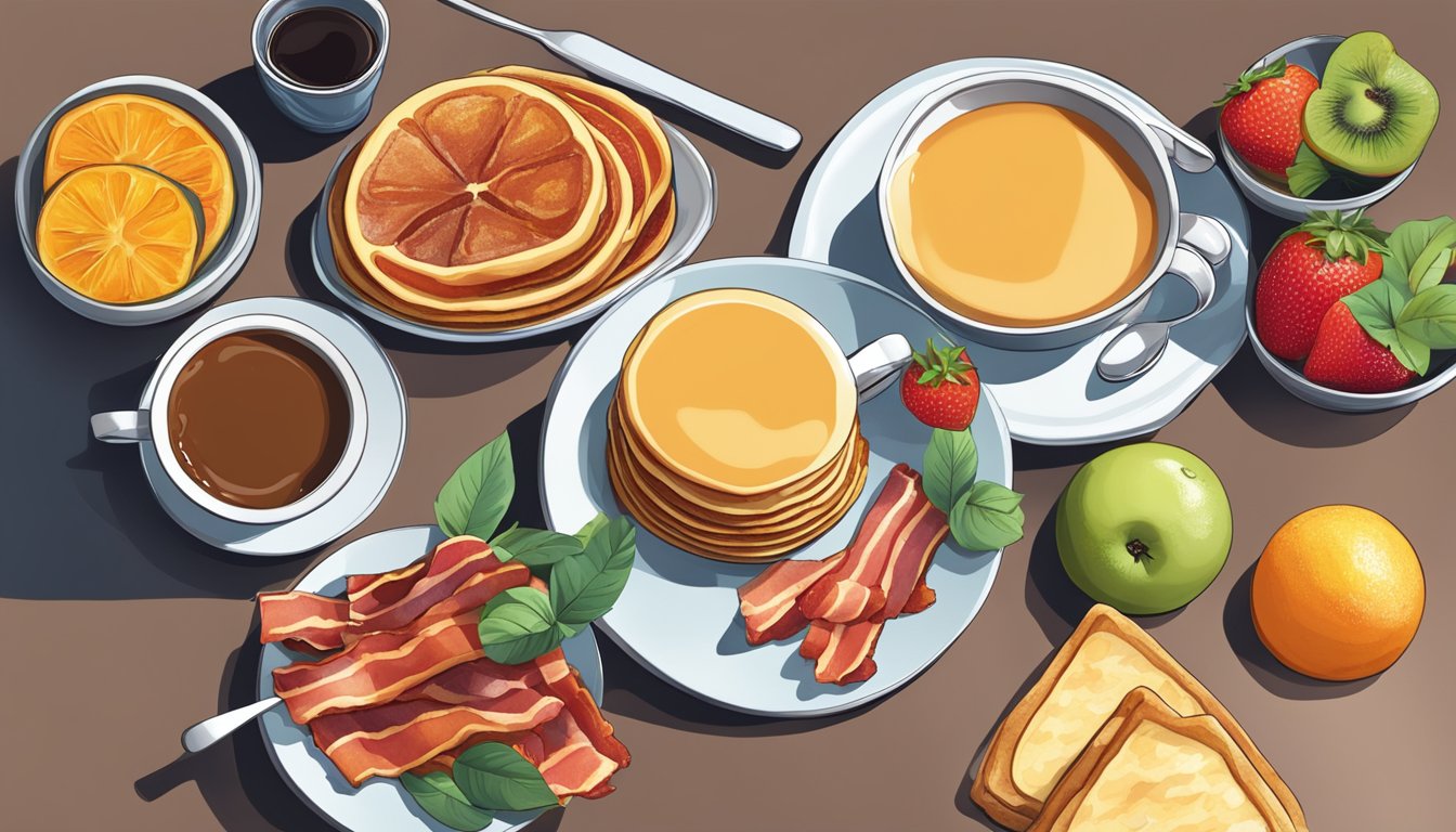 A colorful array of fresh fruits, crispy bacon, fluffy pancakes, and steaming coffee on a modern, sleek breakfast table