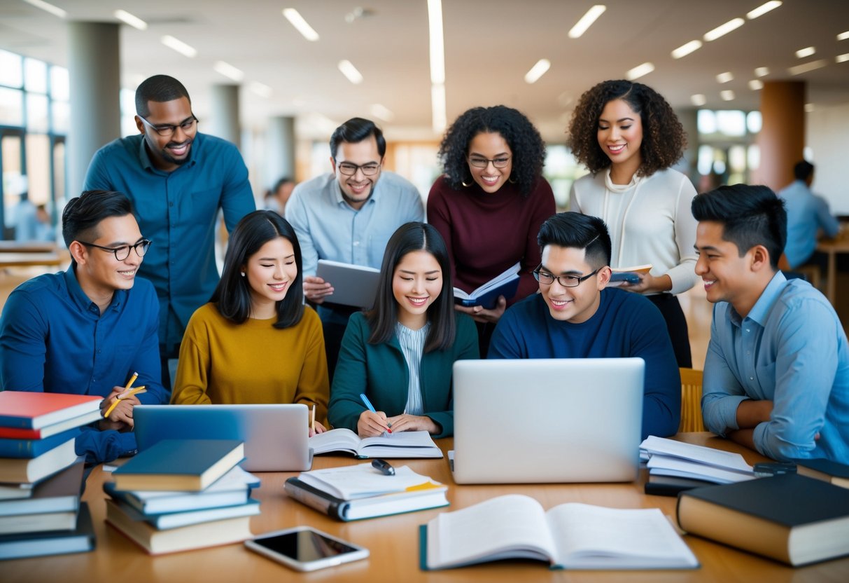 A diverse group of people studying at a university campus, with a mix of books, computers, and planning-related materials scattered around