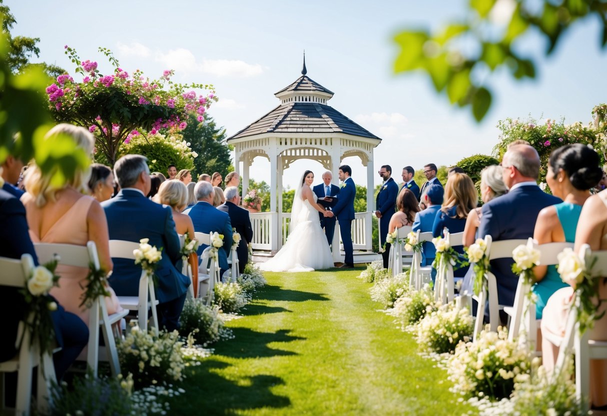 A sunny afternoon wedding ceremony in a picturesque garden with blooming flowers and a charming gazebo