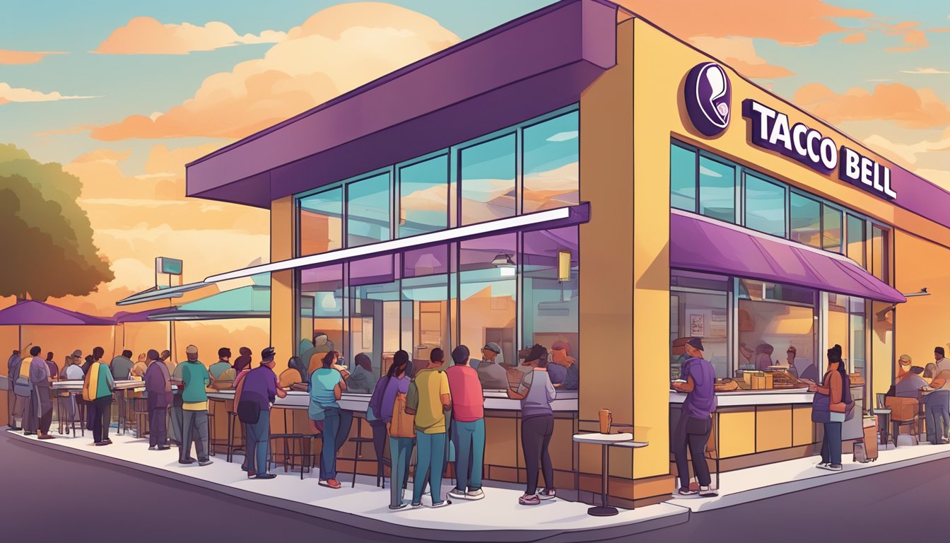 A colorful, bustling Taco Bell restaurant at sunrise, with a line of diverse customers eagerly ordering breakfast items