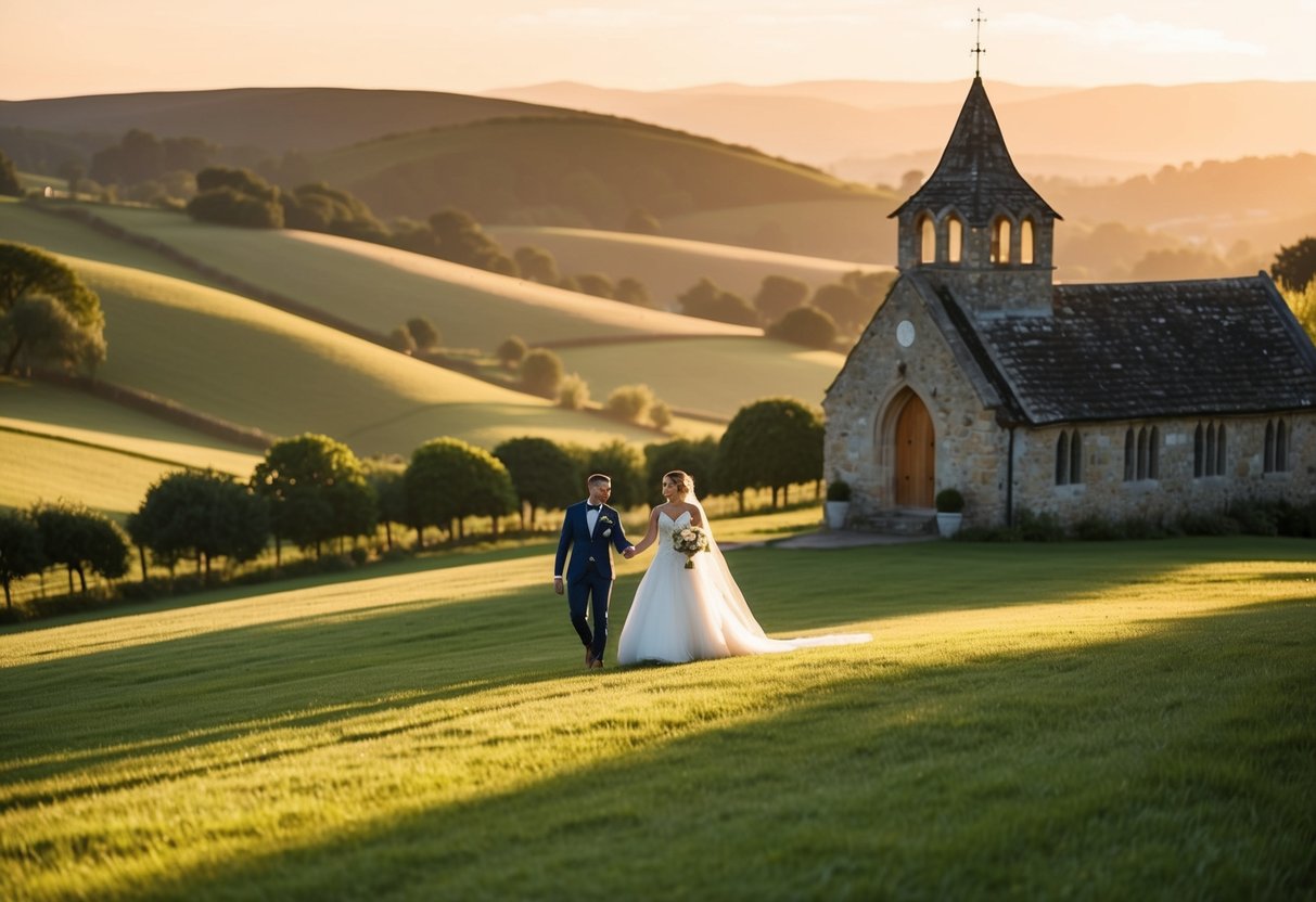 A serene countryside wedding ceremony at golden hour, with a picturesque backdrop of rolling hills and a charming stone church