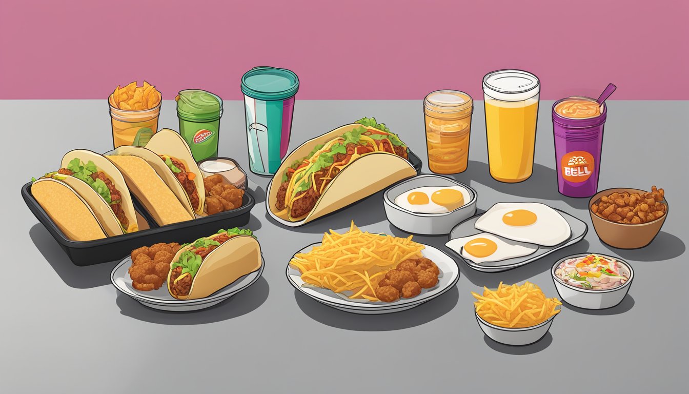 A colorful display of Taco Bell's breakfast items, including tacos, burritos, and hash browns, arranged on a modern, minimalist counter