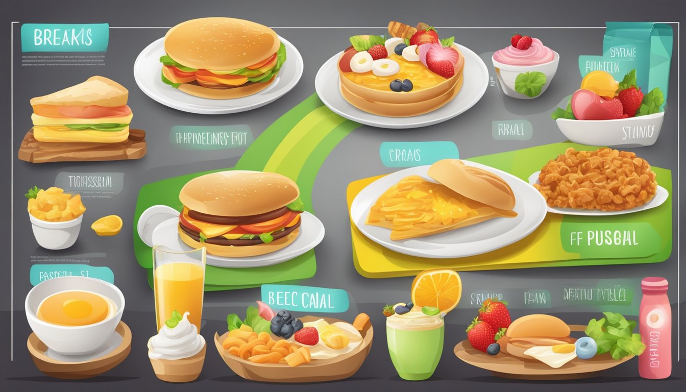 A colorful breakfast menu board with various food items and special deals displayed in a modern and inviting style