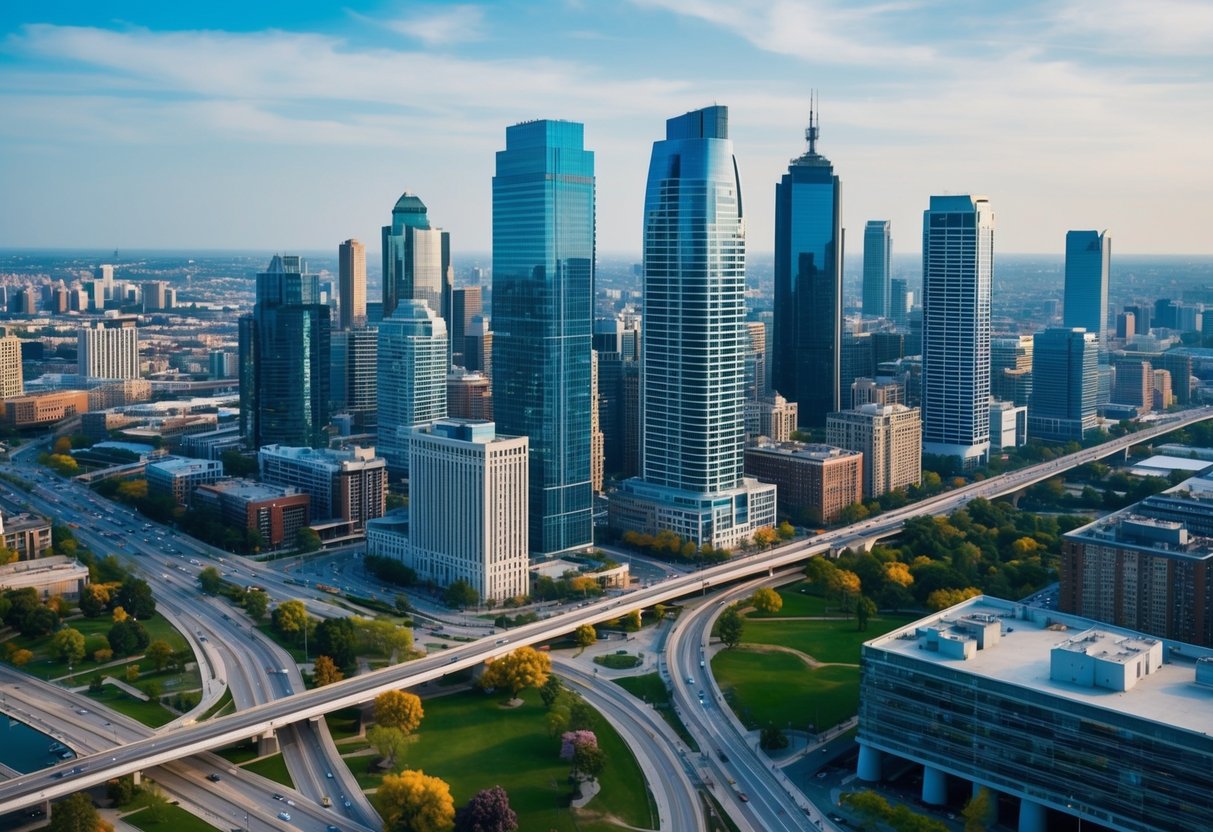 A city skyline with various buildings and infrastructure, including roads, parks, and public spaces, showcasing the diverse technical skills and specializations in urban planning