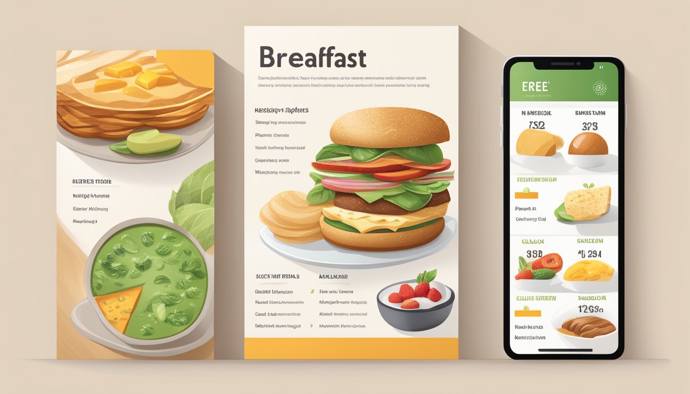 A modern breakfast menu with a variety of healthy and customizable options, including plant-based and gluten-free choices, displayed on a sleek digital screen