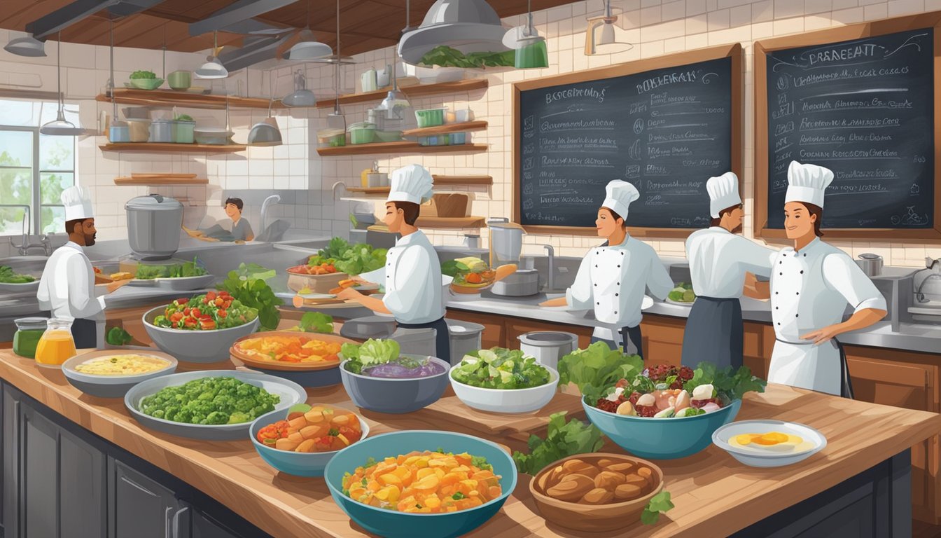 A bustling kitchen with chefs preparing a variety of fresh, colorful ingredients for breakfast dishes, while a chalkboard displays the evolving menu