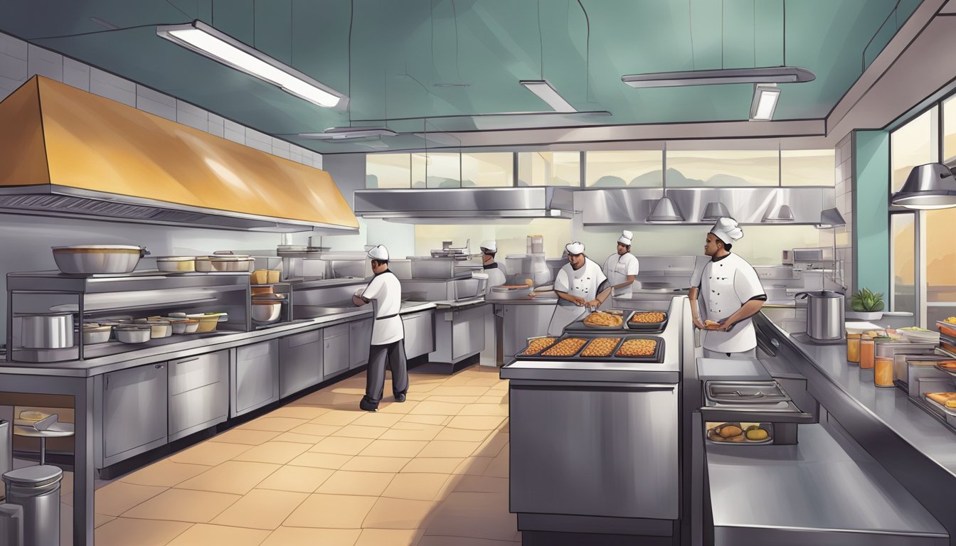 A bustling Taco Bell kitchen at dawn, with chefs preparing a variety of breakfast items while managers oversee operations with efficiency and precision