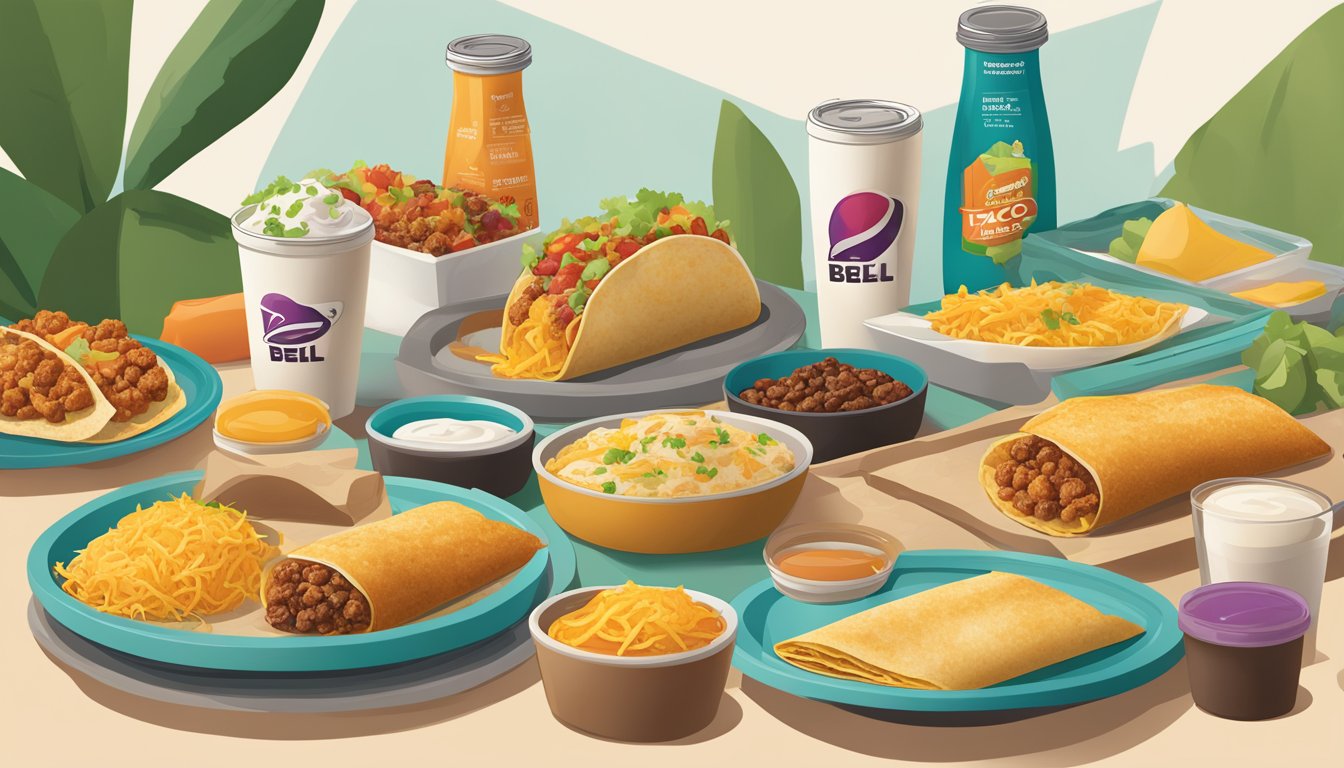 A colorful spread of breakfast items from Taco Bell, including burritos, tacos, and hash browns, with nutritional information displayed next to each item