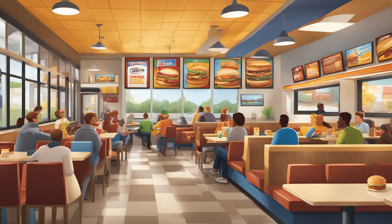 A bustling Burger King breakfast scene with warm, inviting colors and cozy seating, featuring the iconic BK logo and a variety of breakfast menu items on display