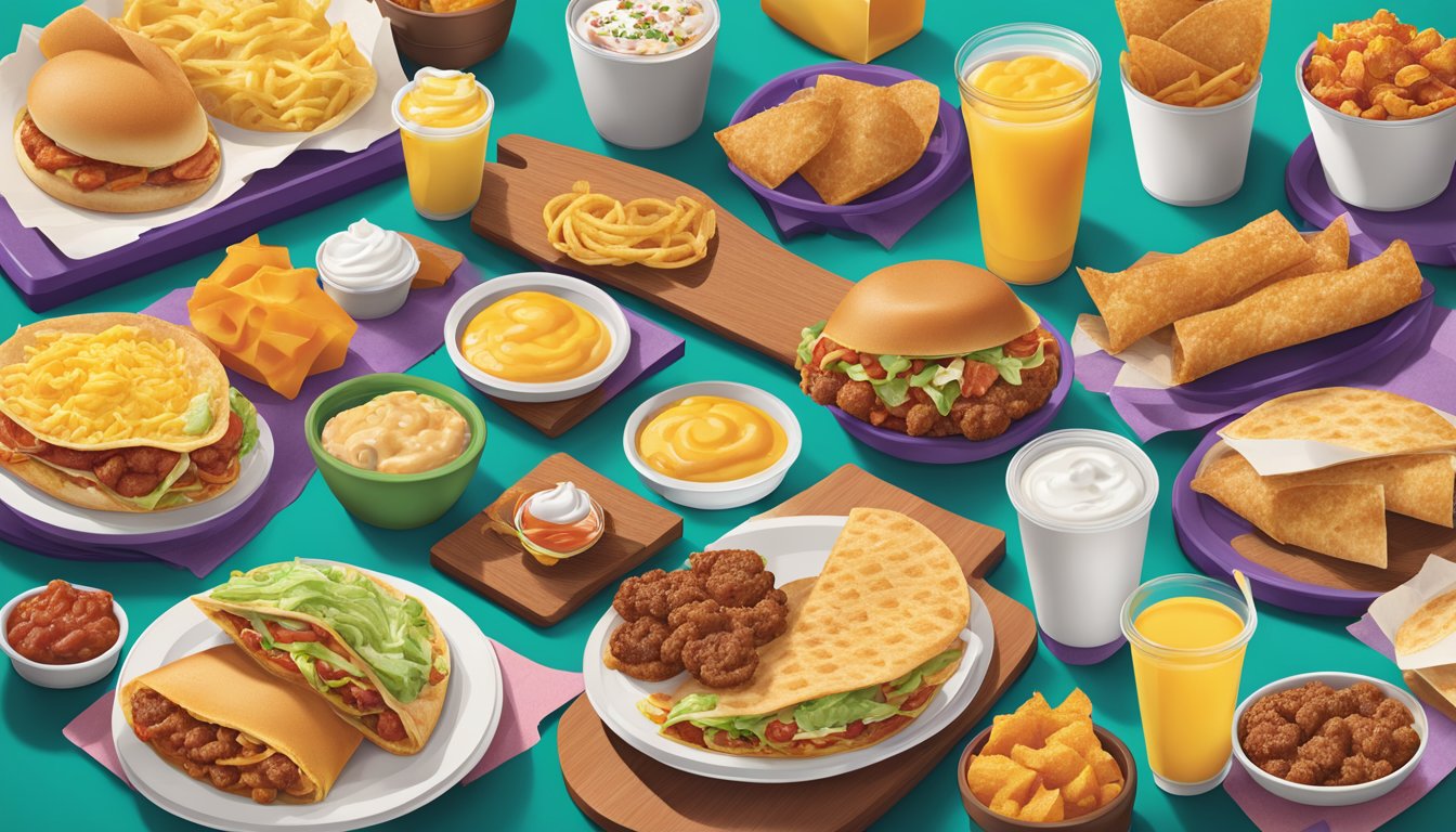 A colorful spread of breakfast items from Taco Bell's menu, featuring regional specialties and classic offerings