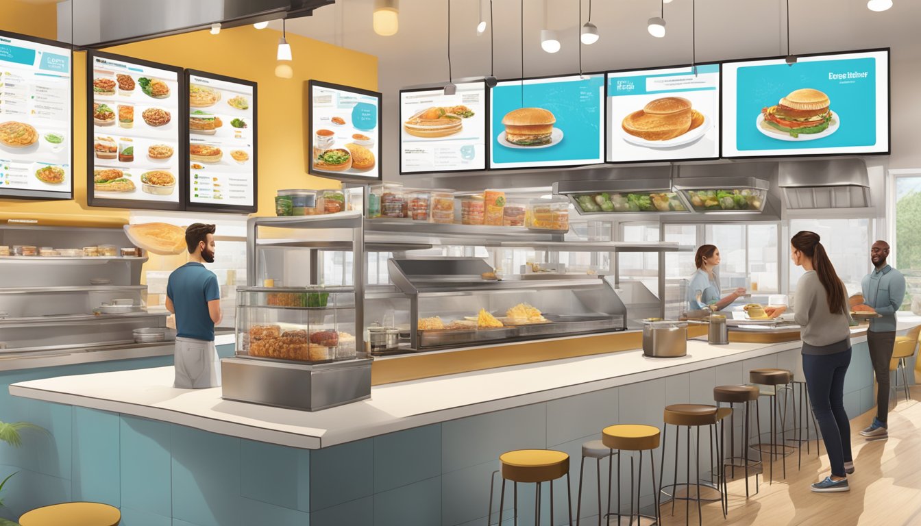 A modern kitchen with digital menu boards displaying BK's breakfast items, while customers interact with self-order kiosks