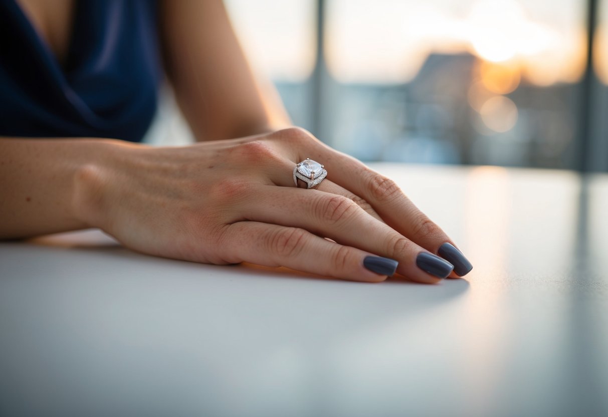 A woman's left hand resting on a table, with a wedding ring prominently displayed on her ring finger