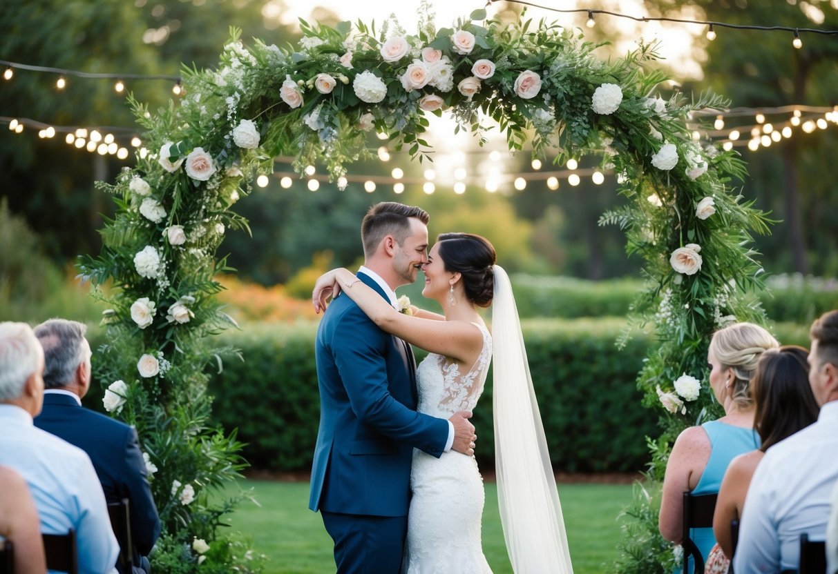 A bride and groom embrace under a floral archway at an outdoor wedding venue, surrounded by lush greenery and twinkling string lights